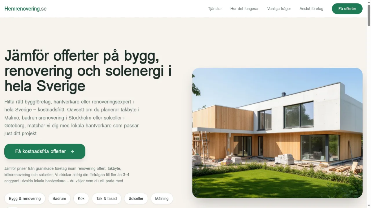 Skærmbillede af hjemmesiden for Hemrenovering.se