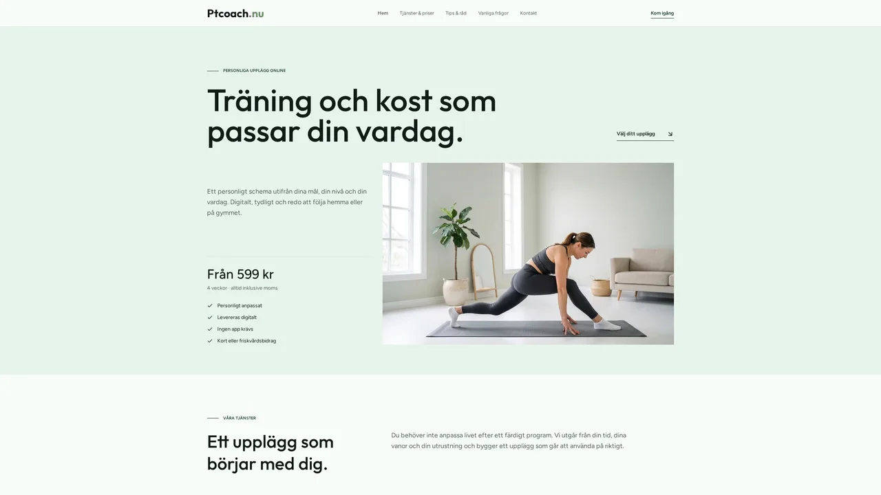 Skærmbillede af hjemmesiden for Ptcoach.nu